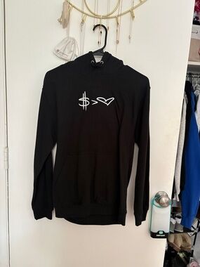 Black Graphic Pullover Hoodie with White Symbol Chest Print